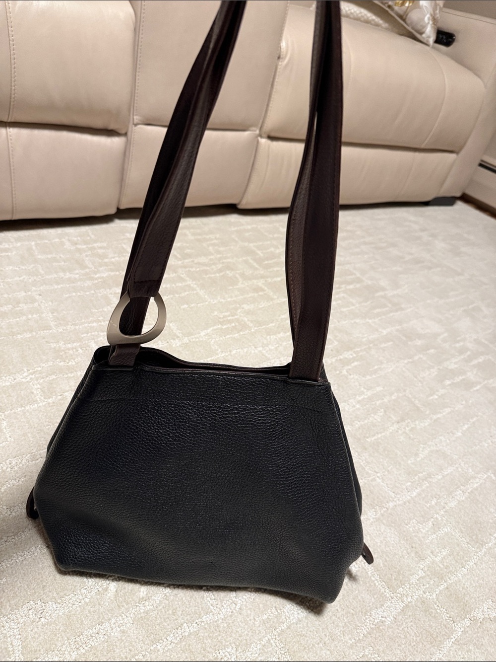 Ugo Santini Minimal Black Pebbled Shoulder Bag with Brown Straps